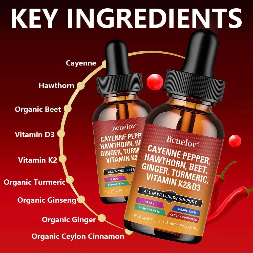 Cayenne Pepper Liquid Drops + Hawthorn Vitamin D3 K2 Ceylon Cinnamon Turmeric Organic Ginseng Supplement for Gut Health