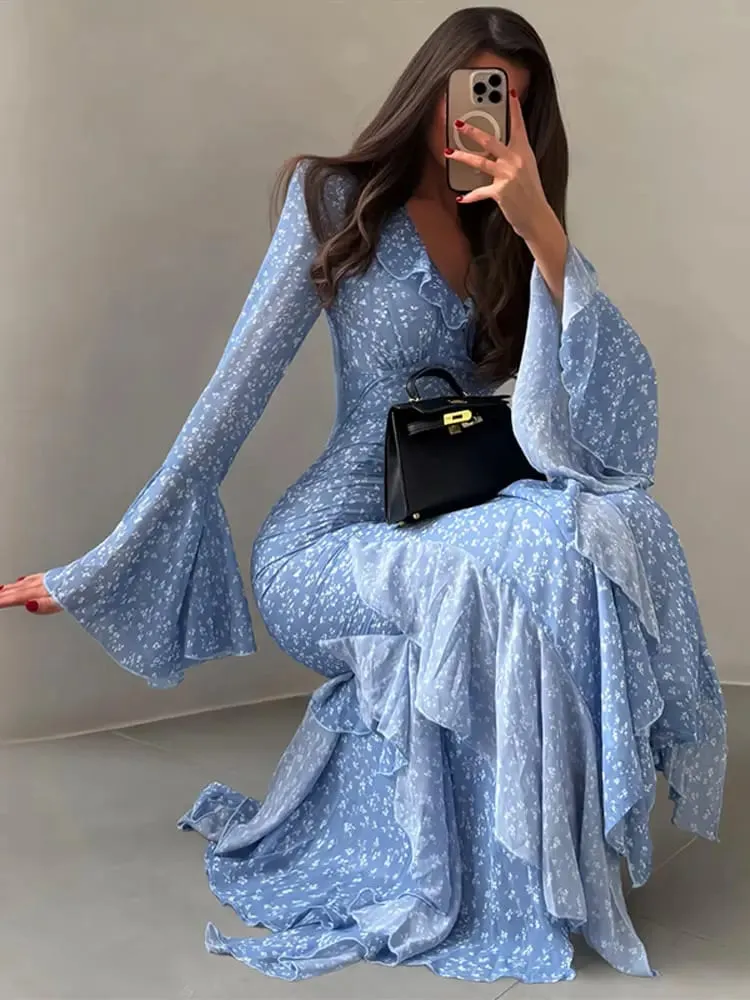 Gaun Panjang Kerah V Motif Wanita Gaun Maxi Slim Fit Pinggang Tinggi Tepi Daun Teratai Lengan Menyala Gaun Pesta Malam Elegan Wanita
