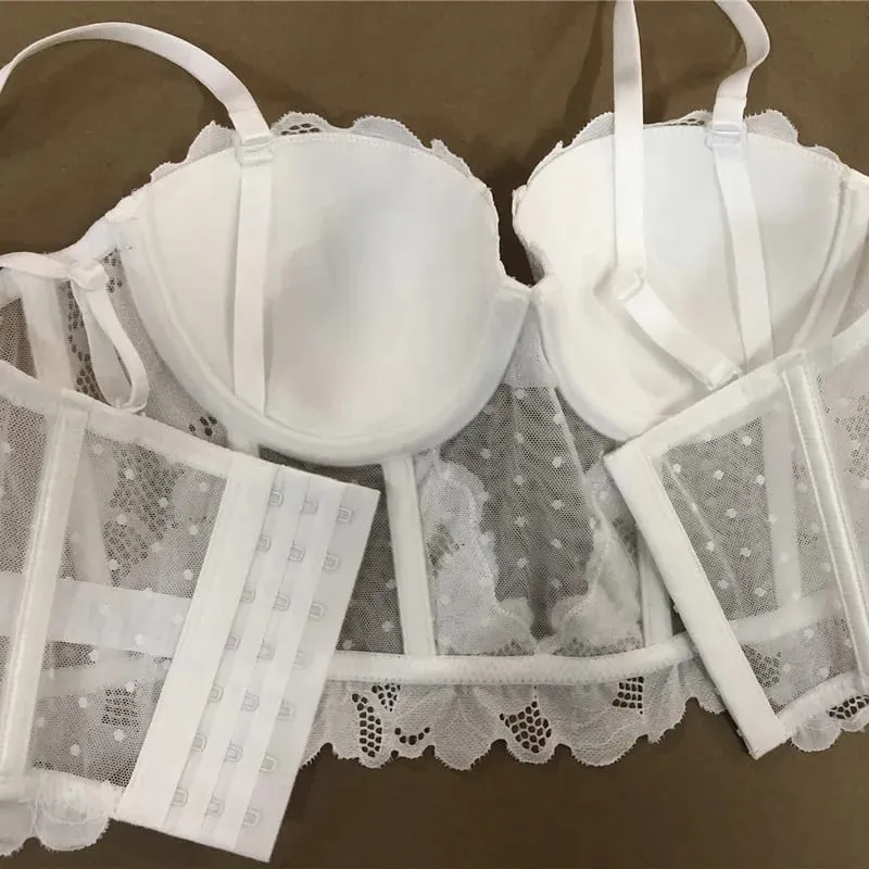 Mesh Lace Push Up Half Cup Bra Set Underwear with Removable Straps 7 Breasted Broadside Shape Bra Women Beautiful Sexy Lingerie