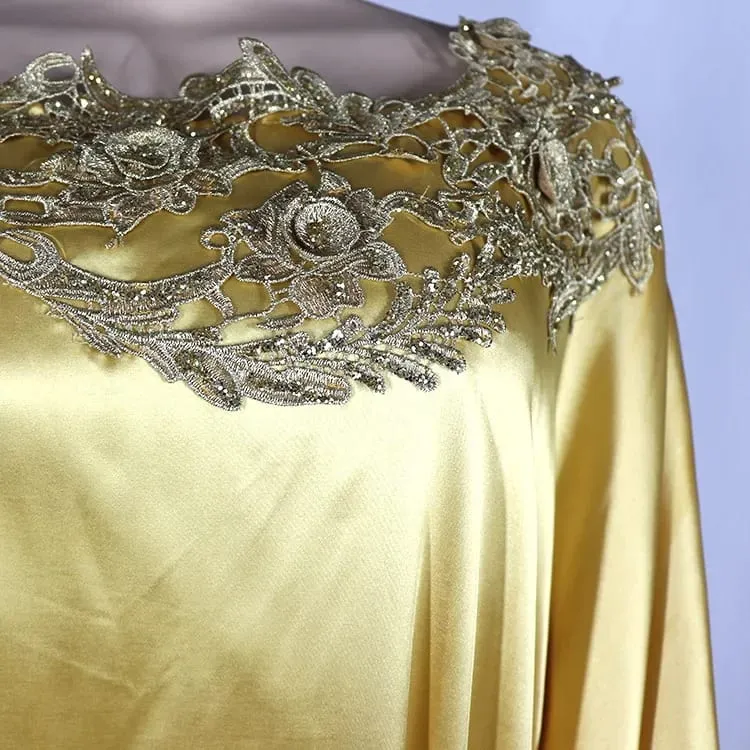 MCK Africa Gown Dress Silk Fabric Satin Gold Color Golden Flower Embroidery Diamond Abaya Party High Quality Maxi Long Dresses