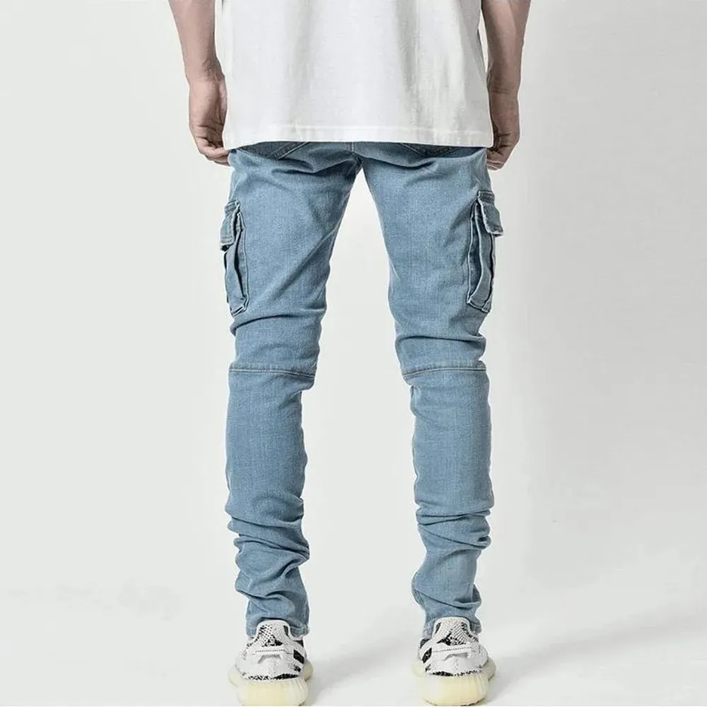 Street Elastic Jeans Men Denim Cargo Pants Wash Solid Color Multi Pockets Casual Mid Waist Trousers Slim Fit Daily Wear Joggers — image 4