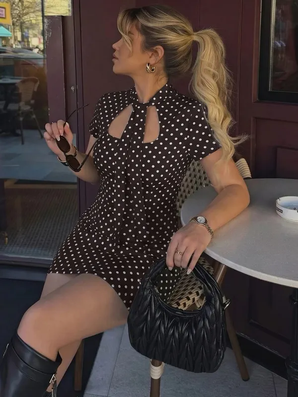 Dulzura Turtleneck Short Sleeve Lace Up Hollow Out Polka Dot Mini Dress Women'S Fashion Sexy Elegant Dress Party Vacation Outfit