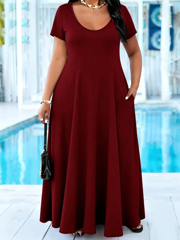 Plus Size Women's Solid Black Maxi Dress Summer Casual Short Sleeve Crew Neck A Line Flowy Long Dress With Pocket Beach dresses