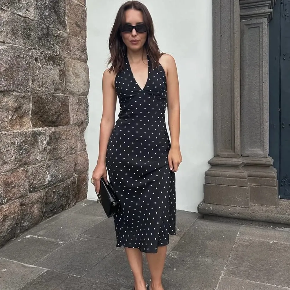 Tuularose Polka Dot Gantung Leher Gaun Panjang Wanita Elegan Tanpa Tali Seksi Lace-up Tanpa Belakang Tanpa Belakang Pakaian Pesta Kelab Fesyen