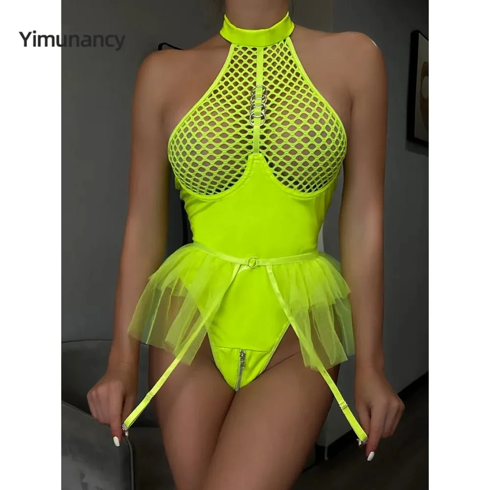 Yimunancy PU Leather Backless Bodysuit Women 2-Piece Transparent Halter Mesn Bodysuit Ball Gown Body Femme