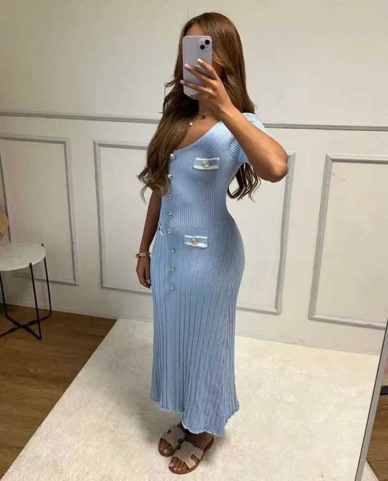 Elegant Knitted Maxi Dresses Bodycon Short Sleeve Ruffles Single Breasted 2025 New Dress Casual Communte Streetwear Vestidos