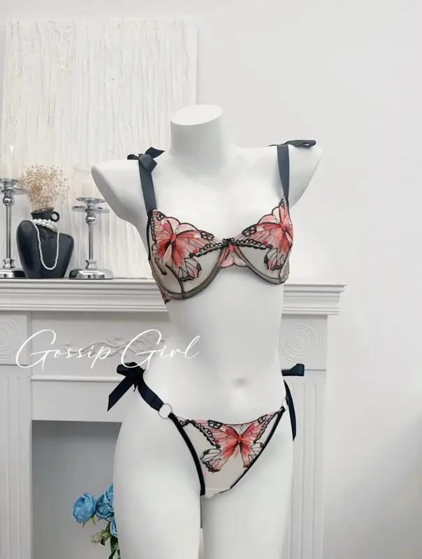 Modest Romantic Lace Butterfly Embroidery Bra Sheer Mesh Camisole Sleepwear Women Daily Wear Push Up Soft Lingerie Set 34-40