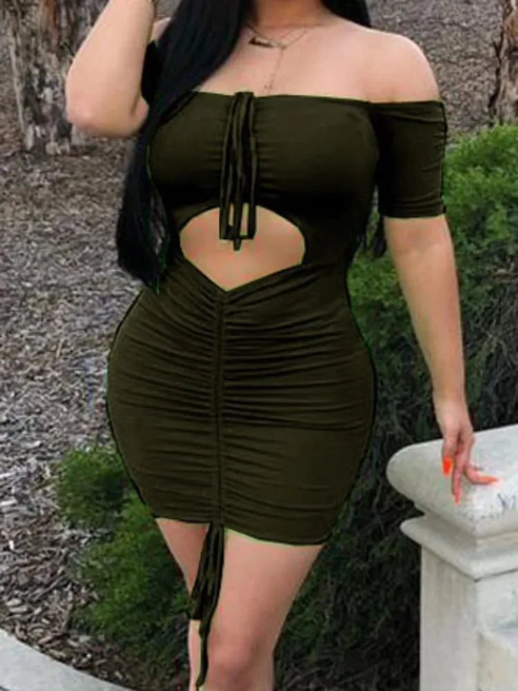 Sexy Off Shoulder Front Hollow Out Drawstring Elastic Slim Bodycon Dress Women Skinny Mini Dress Evening Club Party Vestidos — image 4