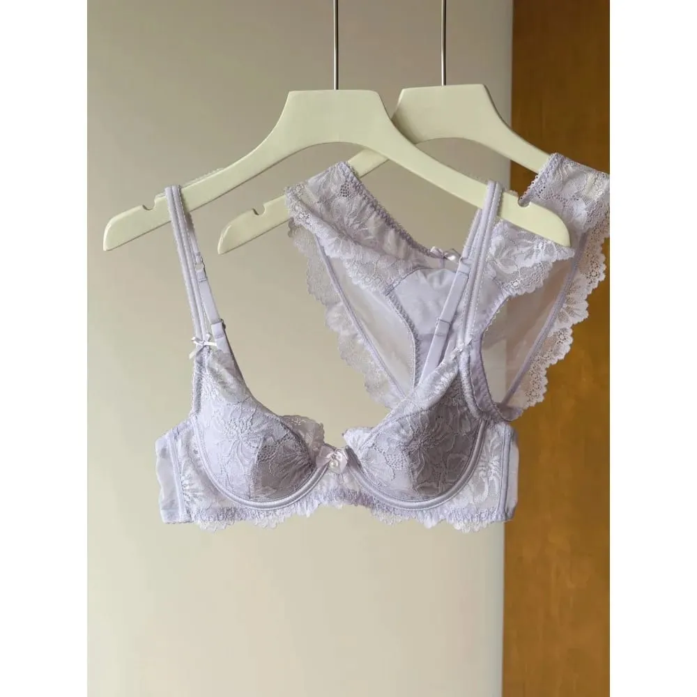 Purple French Lace Bra Embroidery Soft Underwire Minimizer Big Bust Lift Anti Sag Gathering Support Daily Lingerie 32-38 Bra Set