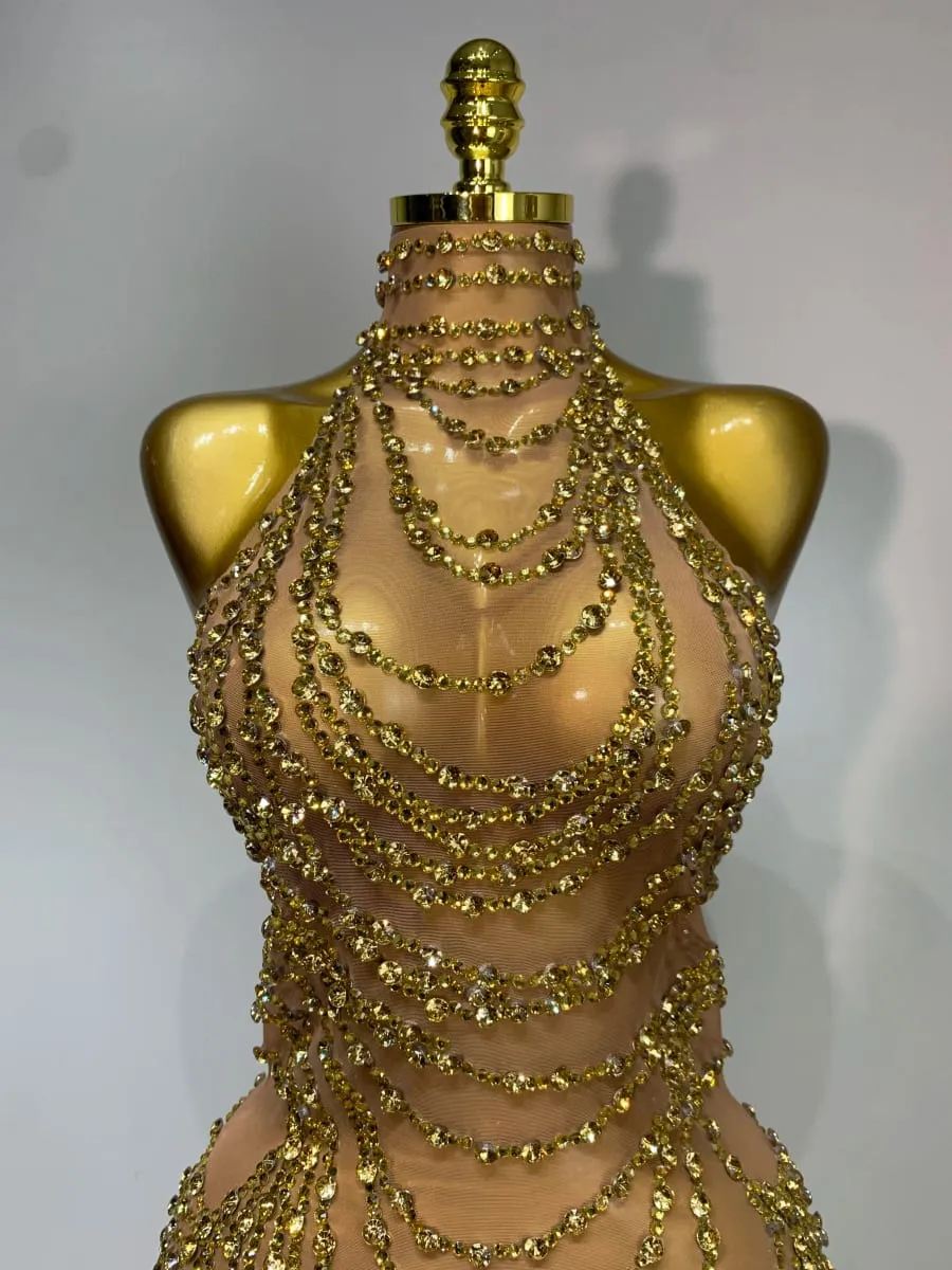 Abito lungo in maglia trasparente sexy con strass scintillanti 2025 Costume da spettacolo per cantante di scena per compleanno di lusso da donna