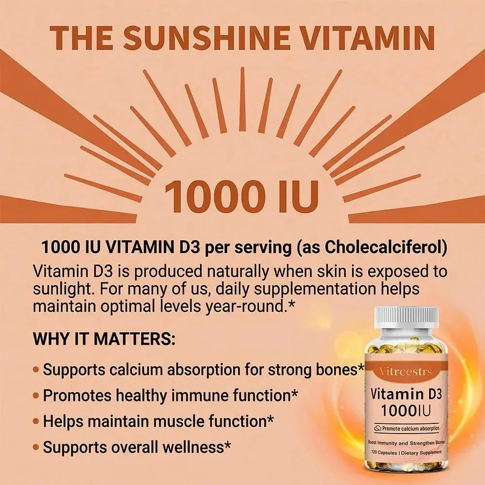 Vitamin D3 1000iu hỗ trợ miễn dịch Chức năng cơ bắp khỏe mạnh và sức khỏe xương - Non-GMO Gluten Free 120 Viên nang thực vật