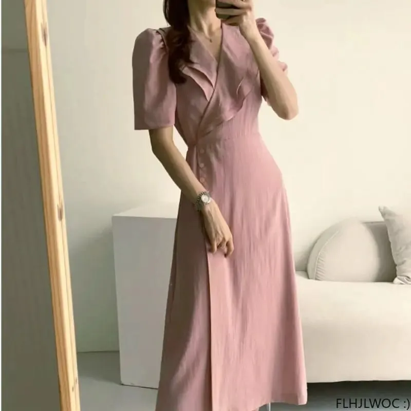 South Korea Chic Midi Dress Women Summer Japan Style Retro Vintage Design Ruffles Pink One-Piece Lace-Up Dress FLHJLWOC Vestidos — image 2