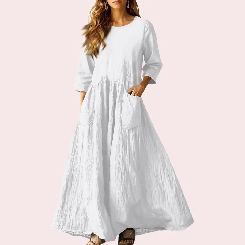 Women's Summer Loose Long Dresses Solid Color Three-quarter Sleeve Double Pocket Dress Loose Round Neck Linen Dress Vestidos