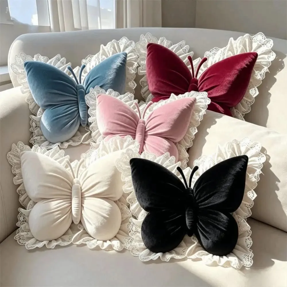 Decorative Cushion Velvet Butterfly Plush Pillow Lace Trim Soft Bow Plush Cushion New Plush Bow Throw Pillow Office