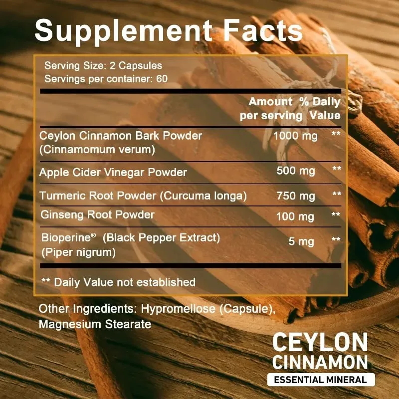 Organic Ceylon Cinnamon Capsules with Apple Cider Vinegar Turmeric Bioperine Supports Joint Brain Digestive & Heart Health — image 3