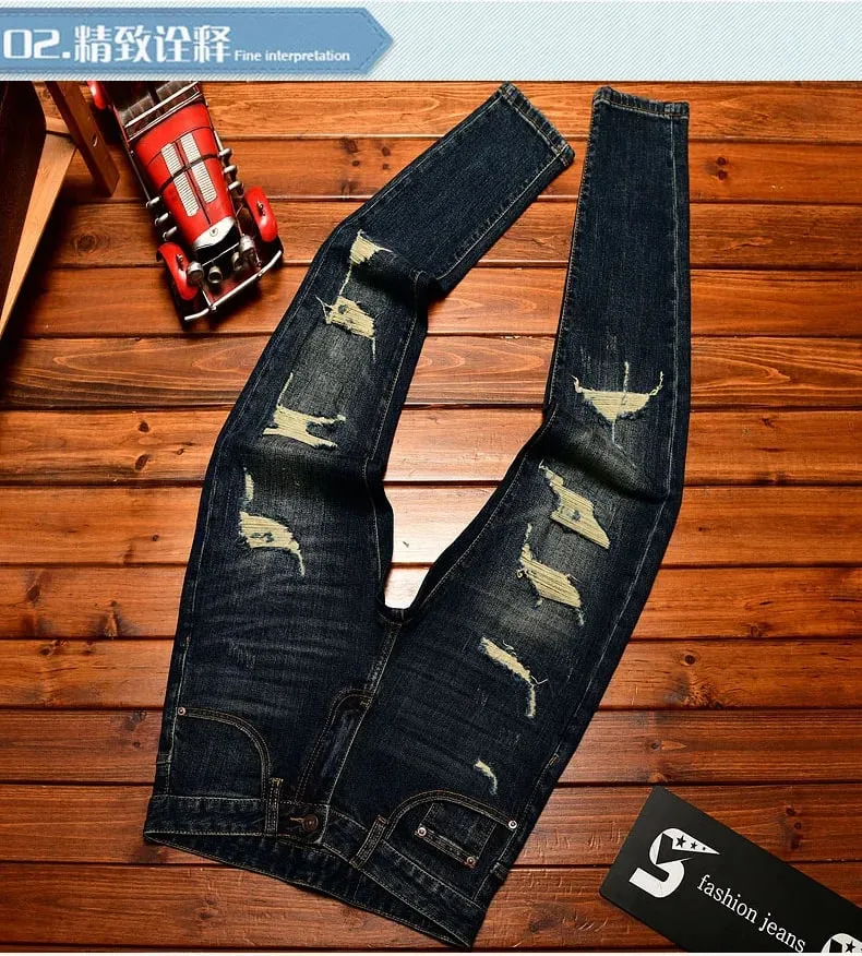 Street Designer Fashion Men Jeans Retro Washed Blue Stretch Slim Fit Ripped Jeans Men Y2K Vintage Casual Denim Pencil Pants — image 9