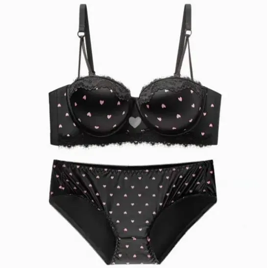 Set reggiseno in pizzo a cuore per ragazze dolci Lingerie push up sexy per seno piccolo Intimo con supporto laterale anti-cedimento 32‑38AB Set reggiseno