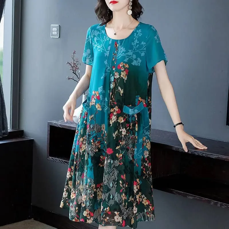 2023 Summer Short Sleeve Casual Stylish Round Neck Dresses Female Folds Floral Printed Commute A-Line Loose Pockets Midi Dress