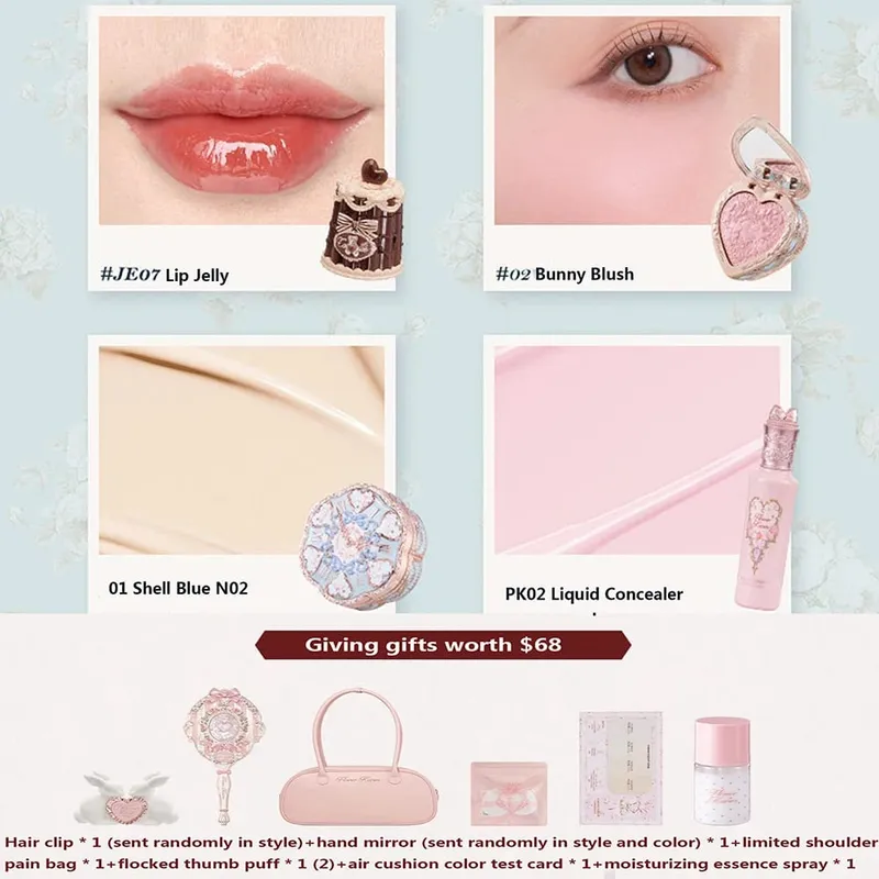 Flower Knows Makeup Gift Set Lip Cream Blush Cushion BB Cream Brightening Concealer Hydrating Essence & Cosmetic Bag All-in-One