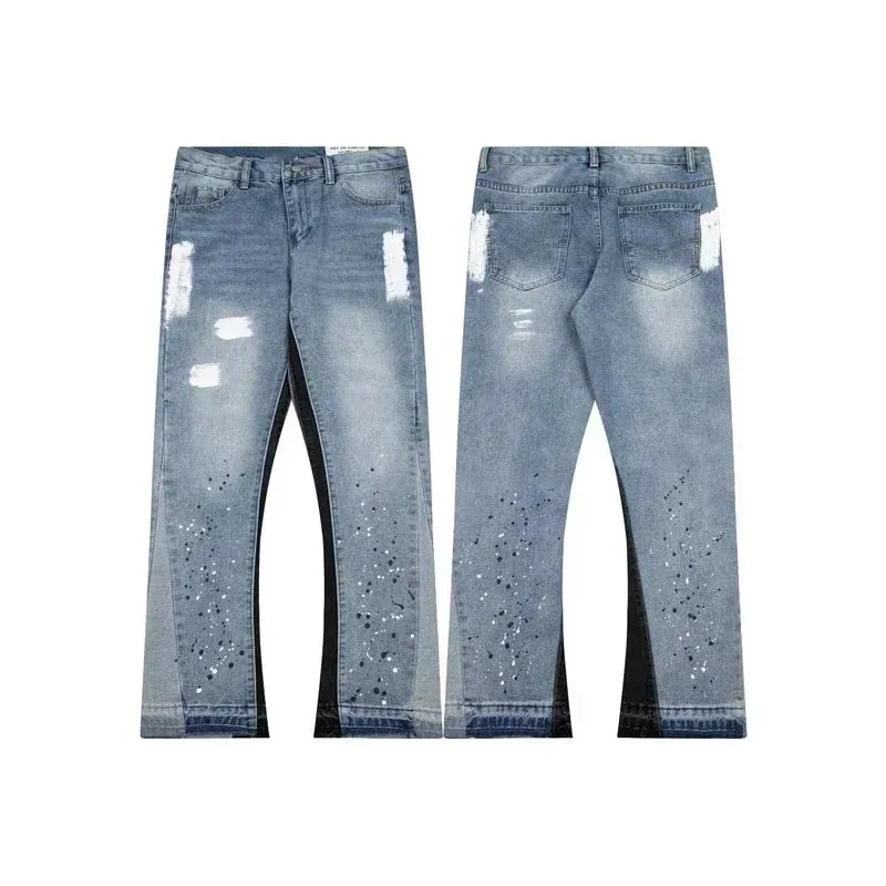 American Streetwear Splashed Ink Patchwork Baggy Jeans Men Women Clothing Tie Dye Trendy Pants Straight Slim Micro-flard Pants — image 3