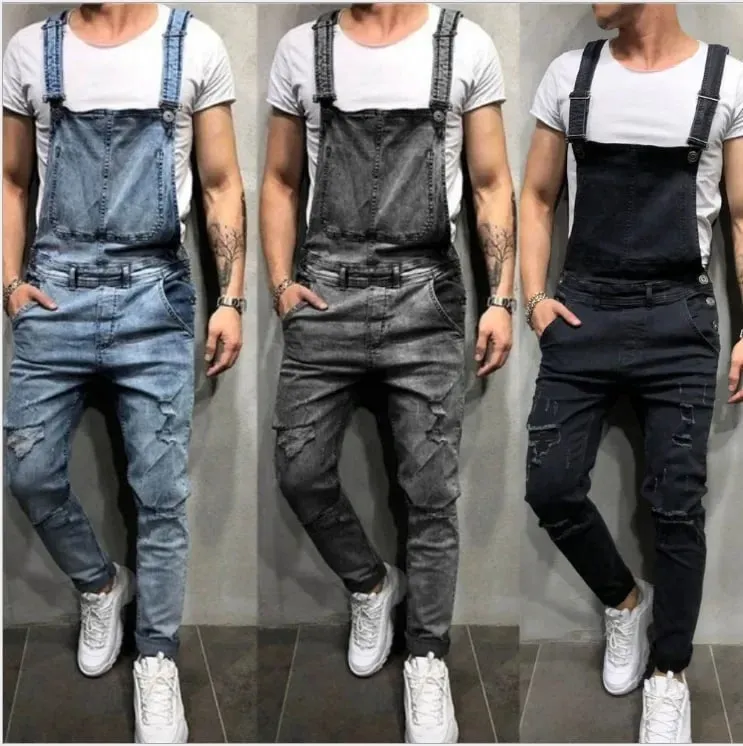 Men Jeans Jumpsuits Denim Overalls Distressed Pockets One Piece Pencil Pants Solid Washed Ankle Length Safari Style Spliced — image 10