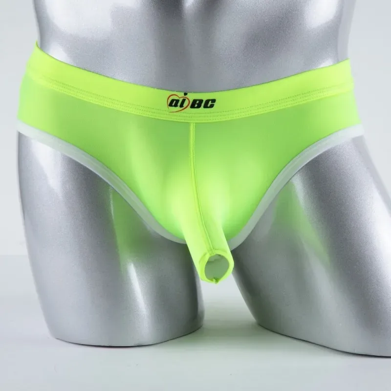 Men's Erotic Briefs Elephant Nose Open Sheath Bikini Gay Sexy Thin Ice Silk Penis Bulge Separate Elastic Quick Dry Sports Tangas
