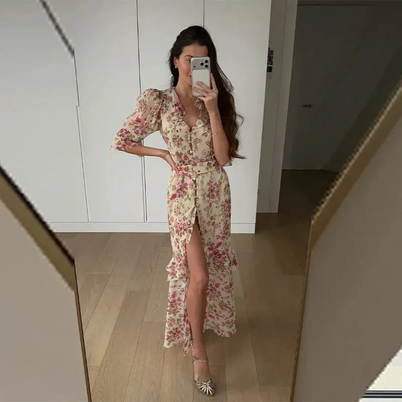 Organza Floral Printed Maxi Dress Fashion V-neck Puff Sleeve 2026 Spring/summer Romantic Women Party Gown Elegant Lady Vestidos