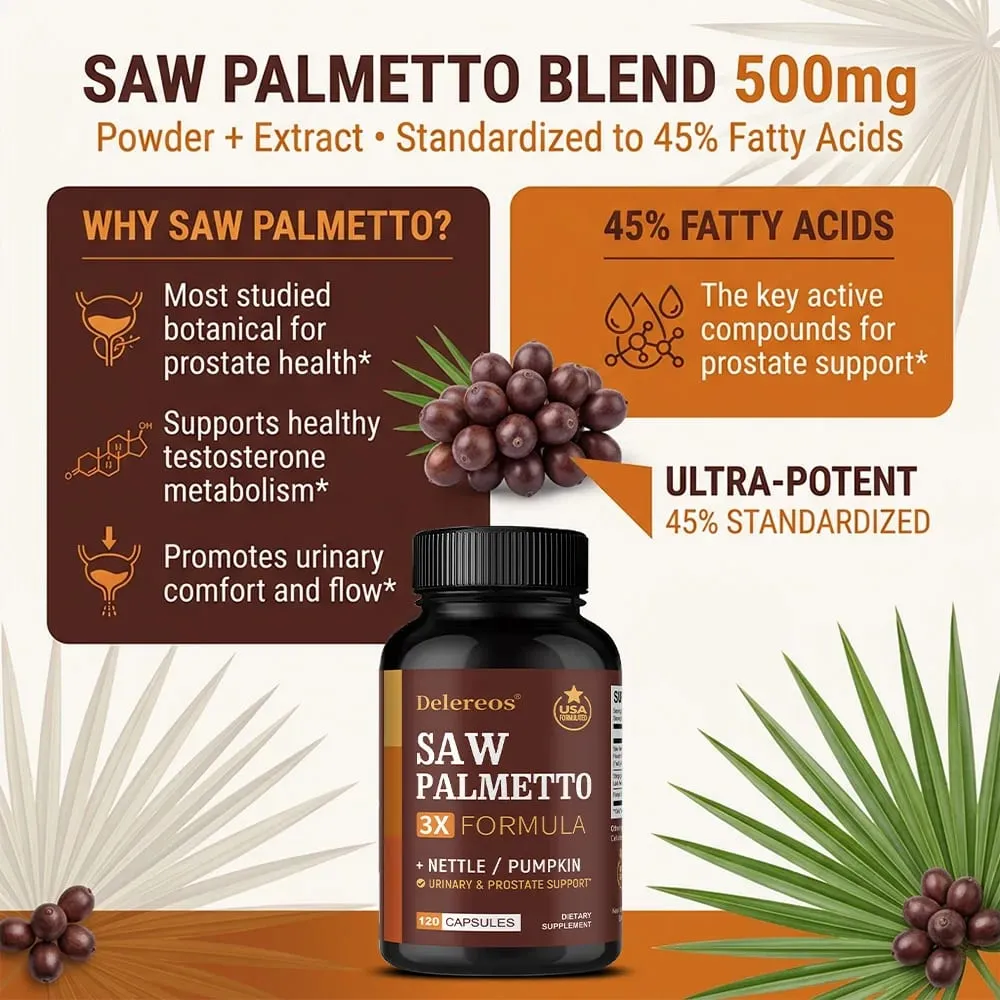 Saw Palmetto Supplement | Nettle & Pumpkin Seed Oil Capsules for Potent 3X Formula Prostate & Bladder Support for Men