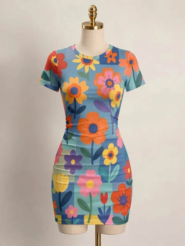 Mulheres manga curta bodycon mini vestido fino ajuste tripulação pescoço floral impressão casual festa de verão bonito elegante suave férias vestido de verão — image 14