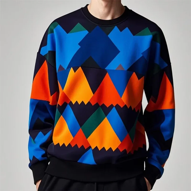 Fall Fashion Pullover Sweatshirt For Men 3d Colorful Geometry Graphic Print Round Neck Neck Hoodies Pullover Casual Male Clothes