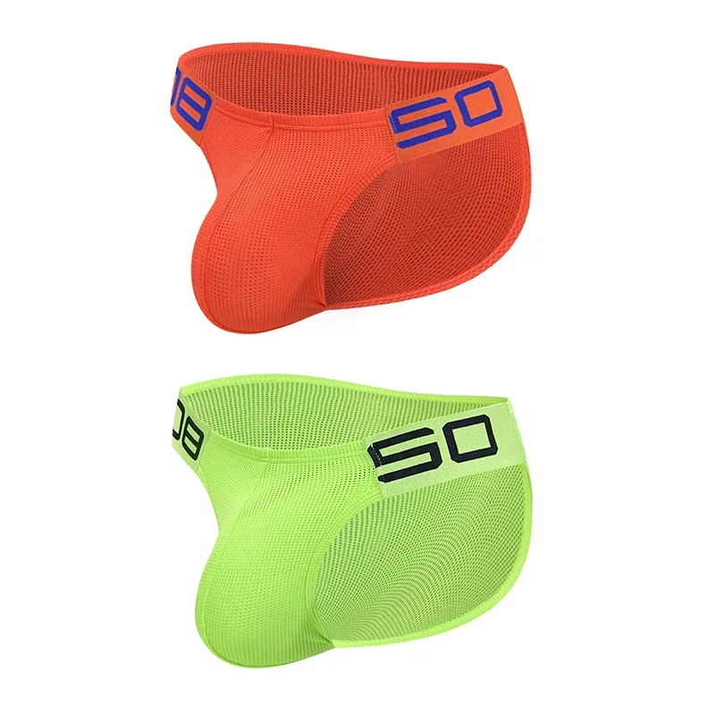 Herren-Slip aus Nylon-Mischgewebe, atmungsaktiv, Horn, Spleiß, Buchstabenprägung, breiter elastischer Bund, fluoreszierende Farbe, sexy Unterwäsche
