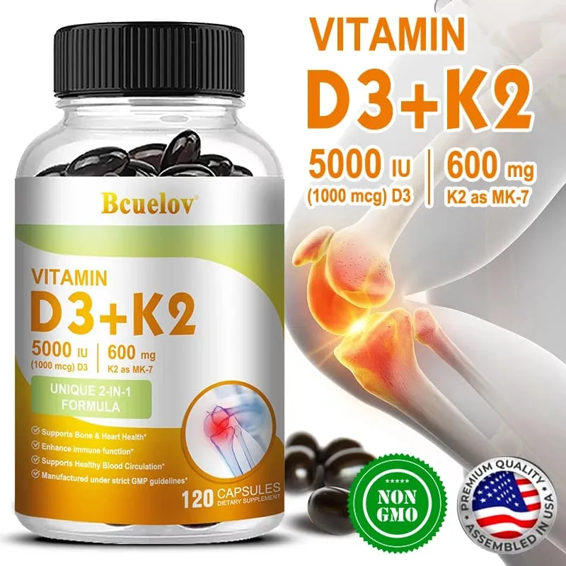 Bcuelov Vitamin D3+K2 5000 IU Vitamin D3 non-GMO formula easy-to-swallow vitamin D and K complex dietary supplement