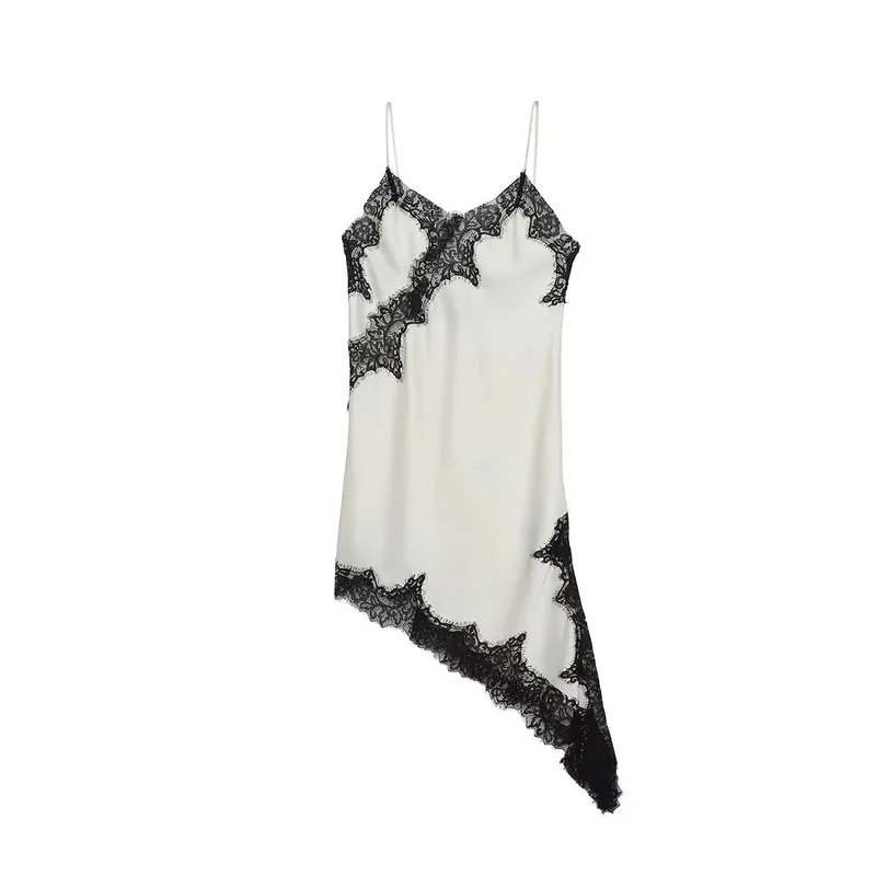 Bruin Satijn Kant Splicing Sling Jurk Vrouwen Elegante Onregelmatige Zoom V-hals Backless Mouwloze Jurk Chic Vrouwen Party Club vestidos