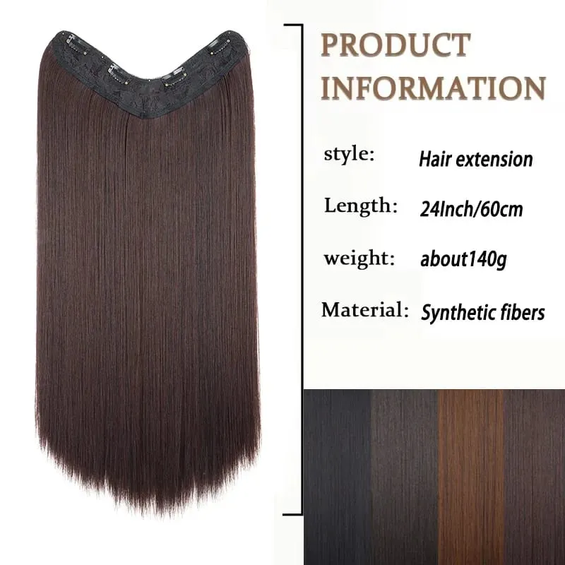 24Inch Synthetic 4-Clip V-Shaped Long Straight Hair Extension One Piece Heat-Resistant Fiber Hairpiece for Women Daily Use