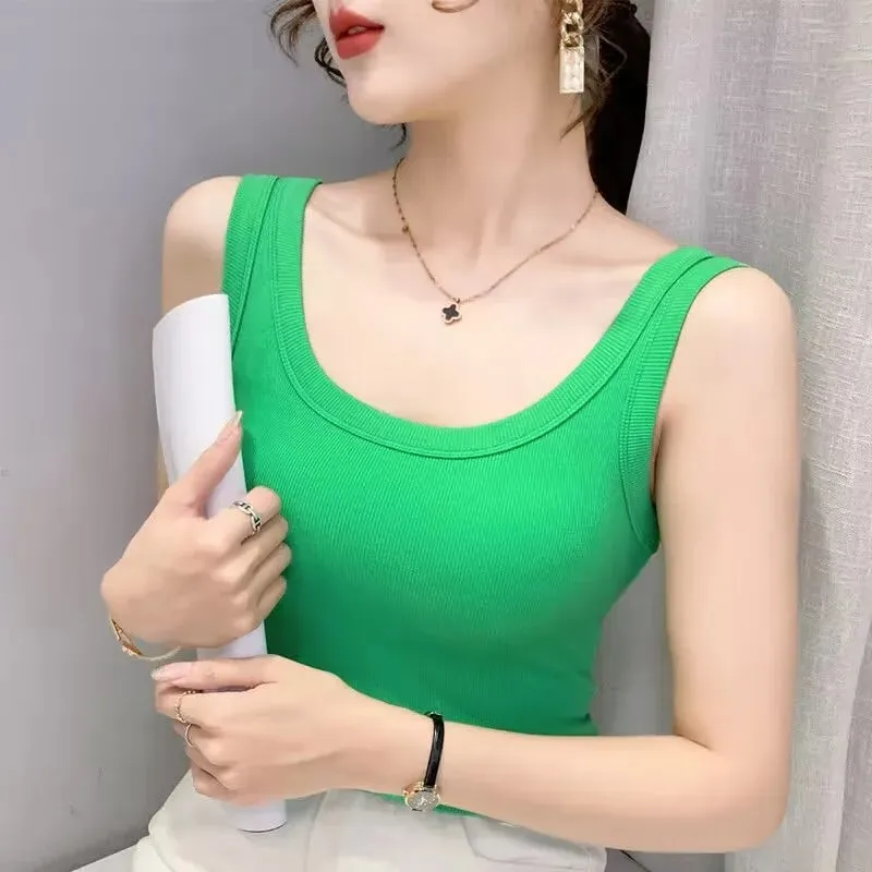 2023 Summer Women Basic Ribbed Knitted Tank Top Solid Color Sleeveless T-shirts Casual Camis Green Blue Elastic Female Tops