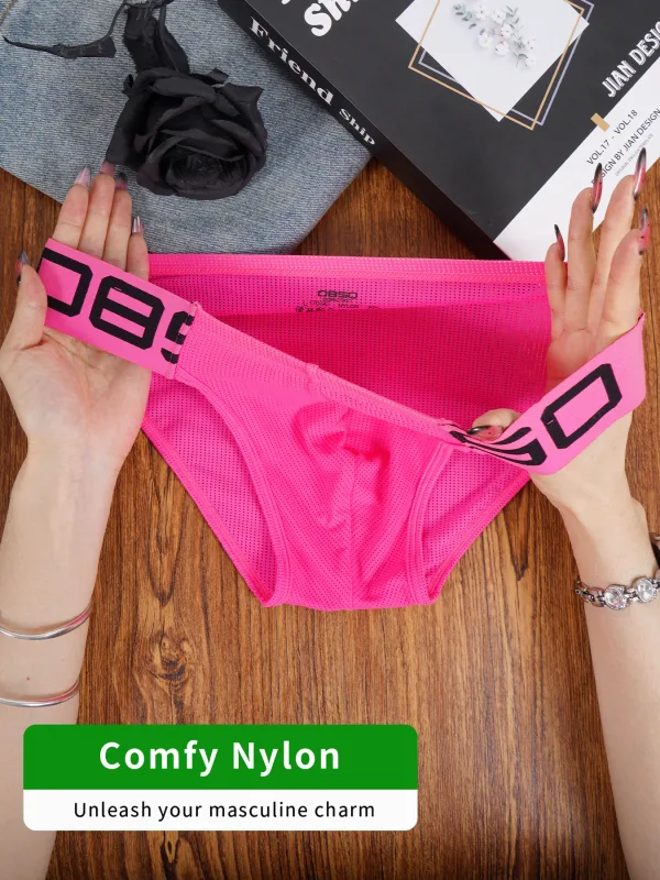 Herren-Slip aus Nylon-Mischgewebe, atmungsaktiv, Horn, Spleiß, Buchstabenprägung, breiter elastischer Bund, fluoreszierende Farbe, sexy Unterwäsche