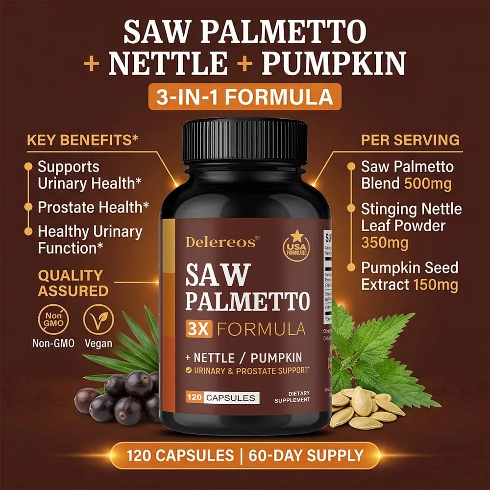 Saw Palmetto Supplement | Nettle & Pumpkin Seed Oil Capsules for Potent 3X Formula Prostate & Bladder Support for Men
