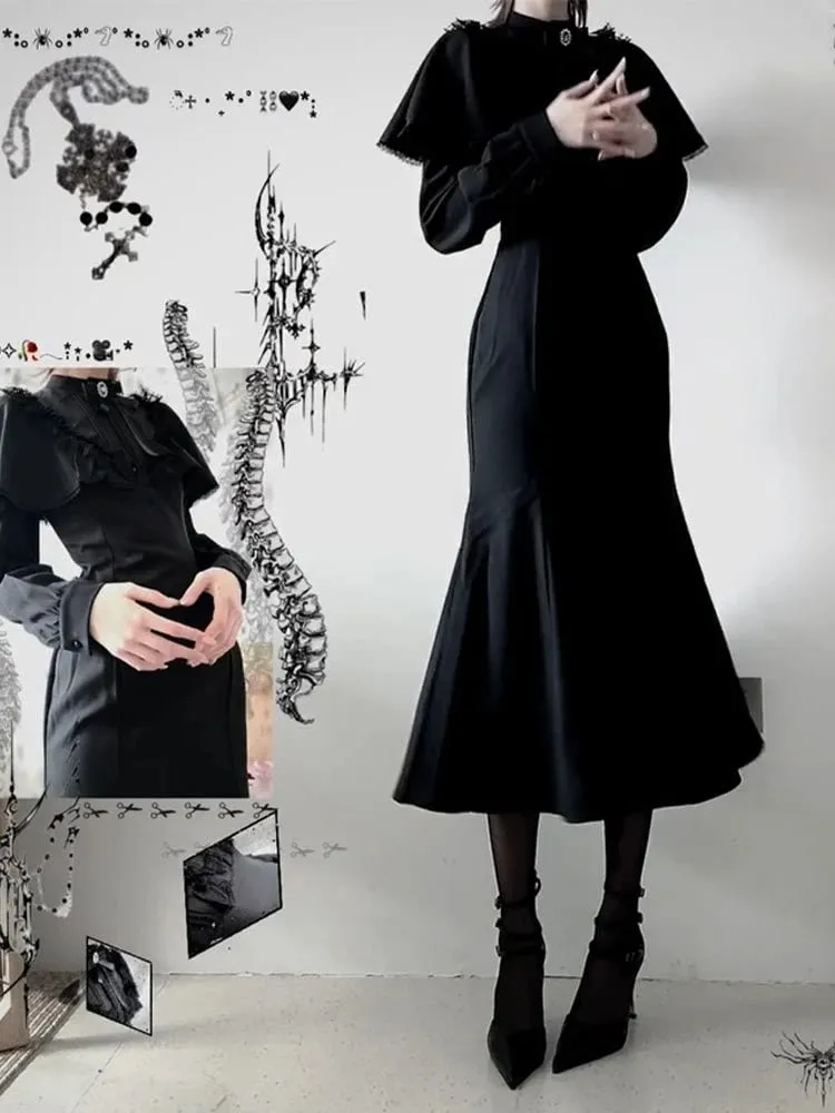 Streetwear Black Vintage Lace Patchwork Dresses Grunge Y2k Aesthetic Pleated Vestidos Gothic Harajuku Woman Bodycon Bow Dress