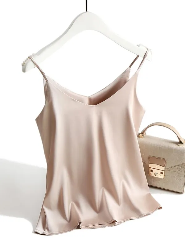 2026 Spaghetti Strap Top Women Halter V Neck Basic White Cami Sleeveless Satin Silk Tank Tops Women'S Summer Camisole