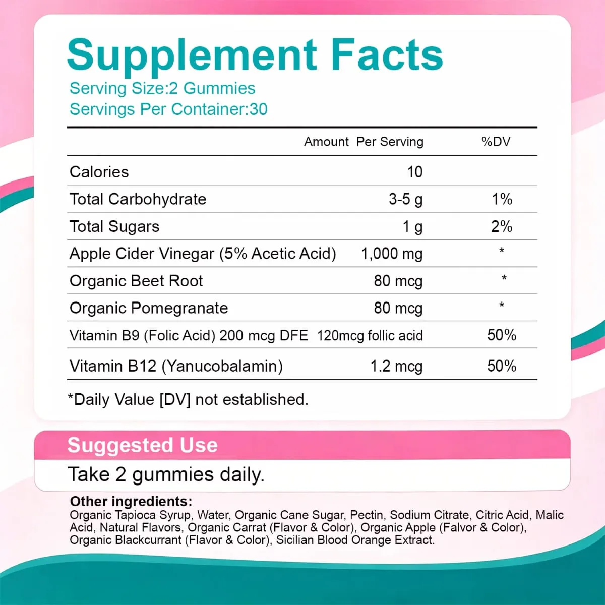 Apple Cider Vinegar Gummies Dietary Supplement with B9 B12 & Organic Beetroot Extract for Adults Support Healthy Weight Management