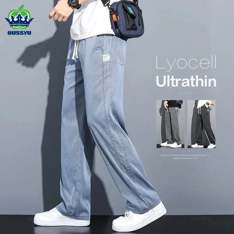 Summer Soft Lyocell Fabric Men's Jeans Thin Loose Straight Pants Drawstring Elastic Waist Korea Casual Trousers Plus Size M-5XL — image 2