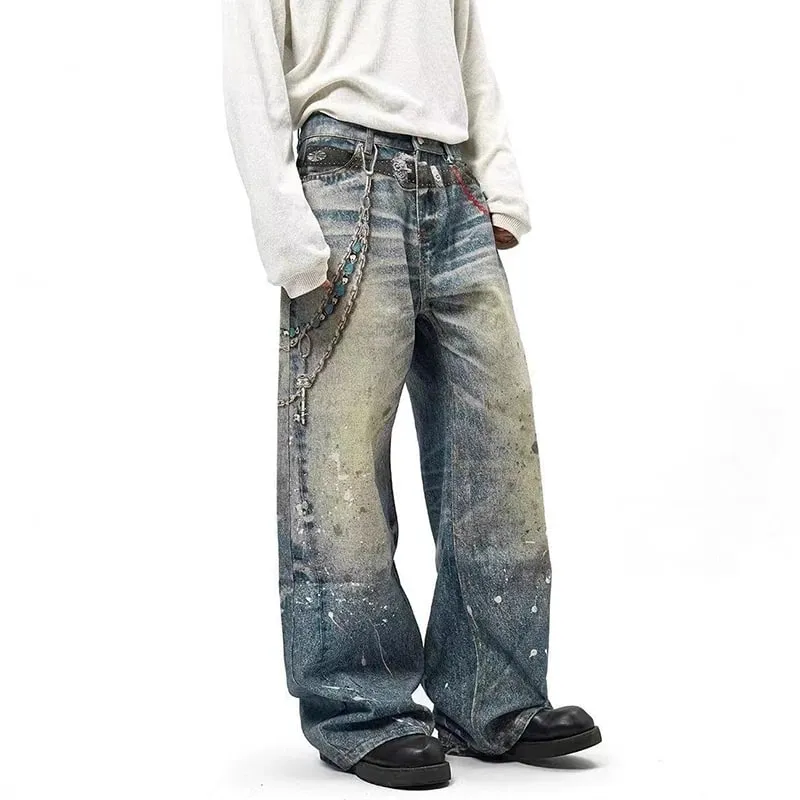 Niche Design Men's Denim Pants Chain Printing Contrast Color Splash-ink Casual Wide Leg Vintage Loose Male Jeans 9W4170