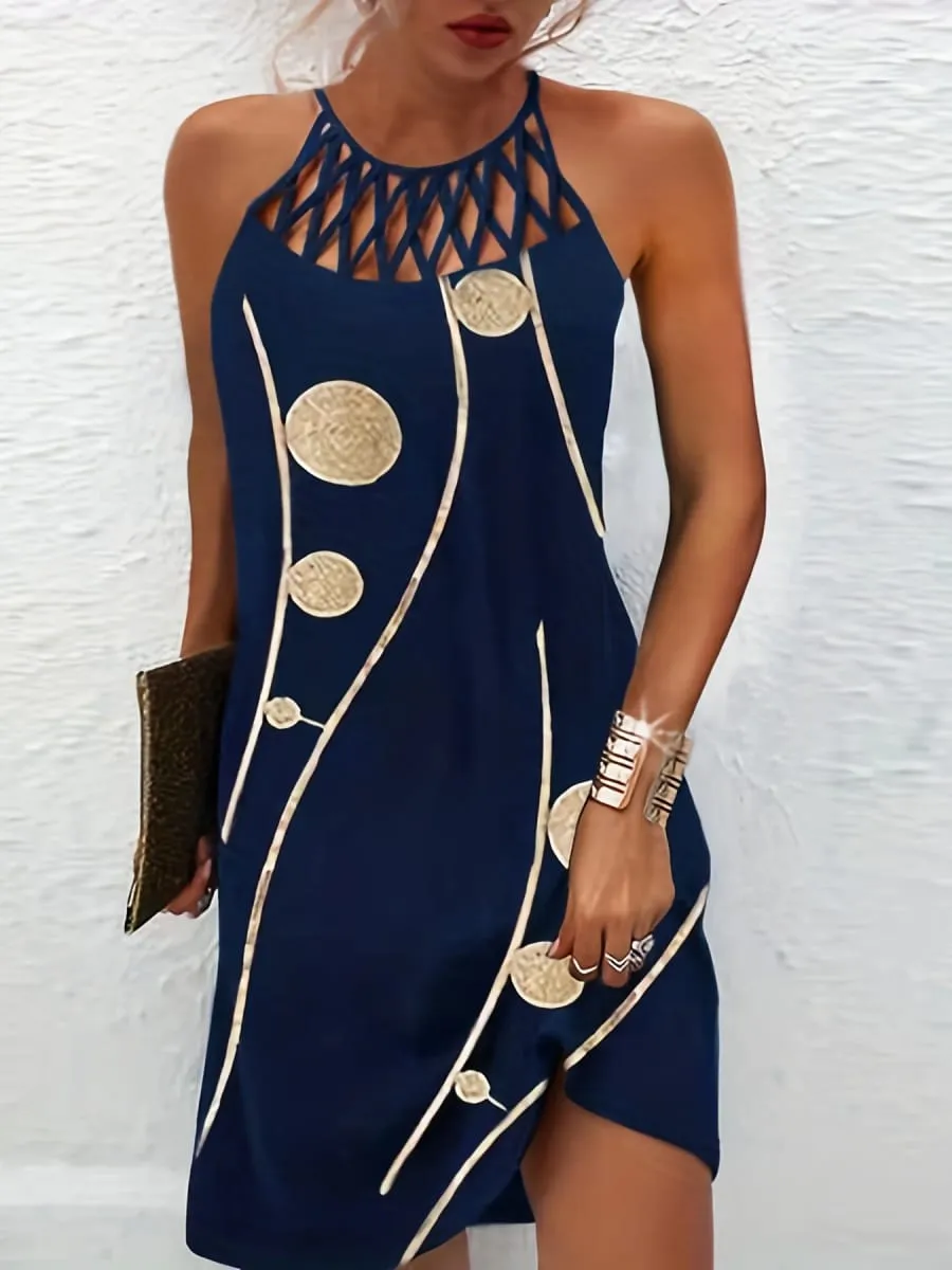 2026 New Spring and Summer National Wind Positioning Printing Mesh Belt Sleeveless Casual Dress
