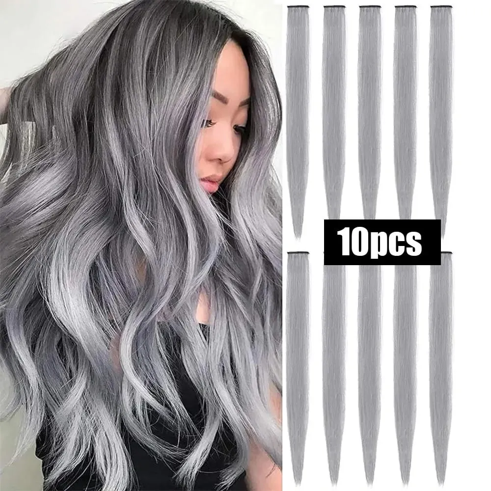 10 PCS Colored Hair Extensions Straight Hairpiece Multi-colors Party Highlights Clip in Synthetic for Women Girls Cosplay Gift