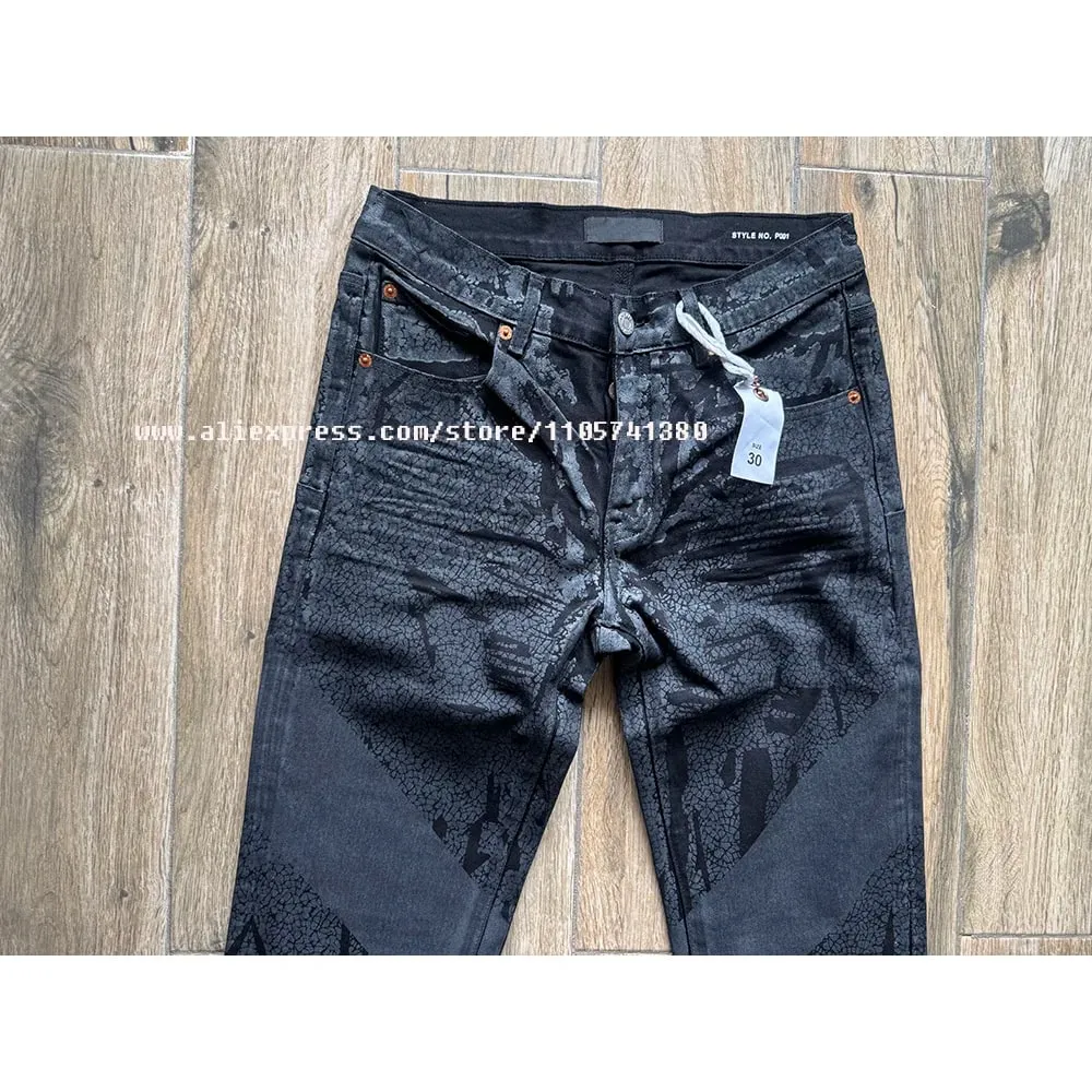 Men's High Street American Fashion Distressed Black Crackle Paint Foil Stretch Skinny Button Fly Ripped Jeans Pants — image 3