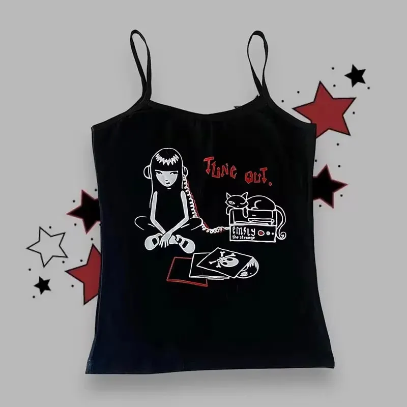 Women Gothic Spider Web Print Cami Tank Top Sleeveless Spaghetti Strap Y2K Slim Cropped Camisole Dark Punk Streetwear Tops