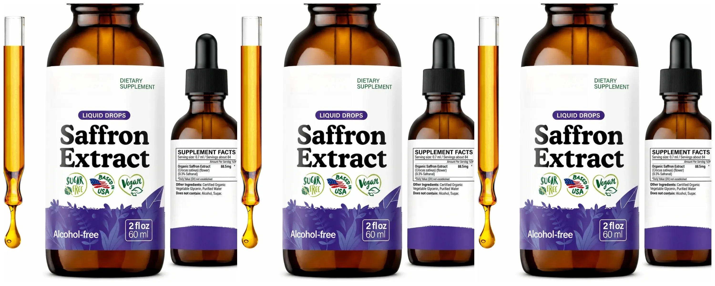 Organic Saffron Liquid Extract Drops Plant Based Herbal Supplement Vegan Sugar Alcohol Free 60ml Daily Health Supplements
