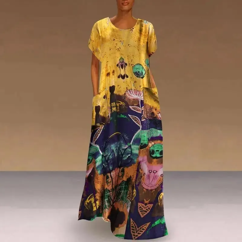 Spring Summer Long Dresses For Women New Floral Printing Short Sleeve Pockets Round Neck Casual Elegant Loose Female's Vestidos