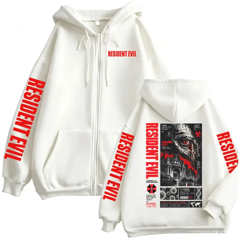 Vintage Resident Evil T-Virus Horror Gaming Zip Up Hoodies Men Women Harajuku Gothic Fashion Jacket Sweatshirts Coats Streetwear