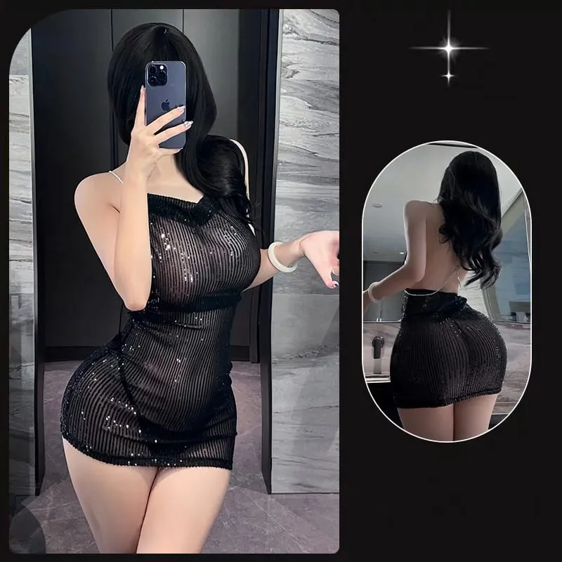 Đầm Chặt treo hông ôm váy ngắn kim sa lấp lánh quần áo nữ Đầm Dự Tiệc người phụ nữ cô gái gợi cảm cao su nữ quần áo xxx